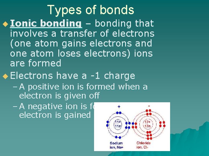 u Ionic Types of bonds bonding – bonding that involves a transfer of electrons