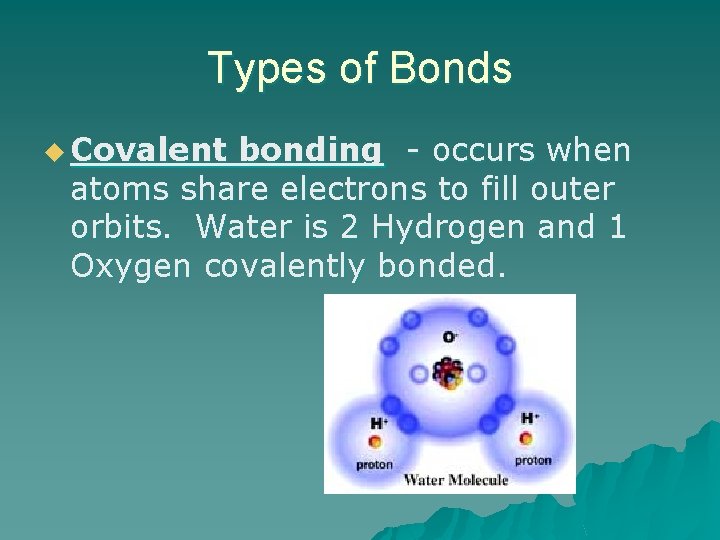 Types of Bonds u Covalent bonding - occurs when atoms share electrons to fill