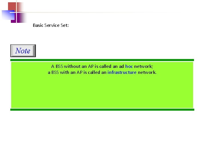 Basic Service Set: Note A BSS without an AP is called an ad hoc