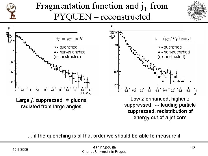 Fragmentation function and j. T from PYQUEN – reconstructed ○ - quenched ● -