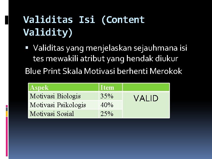 Validitas Isi (Content Validity) Validitas yang menjelaskan sejauhmana isi tes mewakili atribut yang hendak