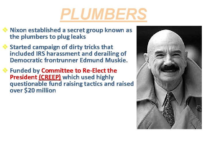 PLUMBERS v Nixon established a secret group known as the plumbers to plug leaks