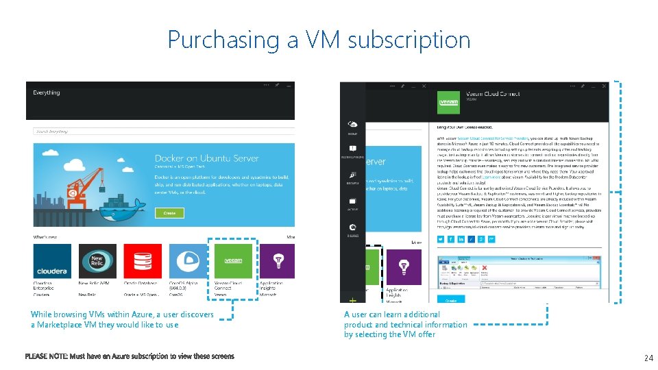 Purchasing a VM subscription While browsing VMs within Azure, a user discovers a Marketplace