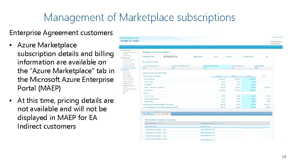 Management of Marketplace subscriptions Enterprise Agreement customers • Azure Marketplace subscription details and billing