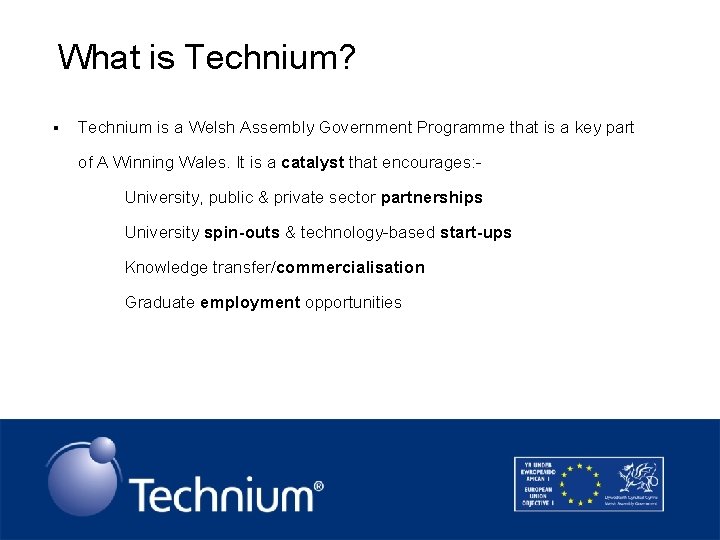 What is Technium? § Technium is a Welsh Assembly Government Programme that is a