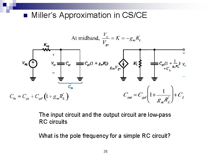 n Miller’s Approximation in CS/CE +CL The input circuit and the output circuit are