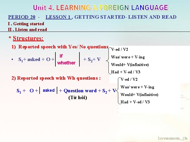 LESSON 1. GETTING STARTED- LISTEN AND READ PERIOD 20 - I. Getting started II.