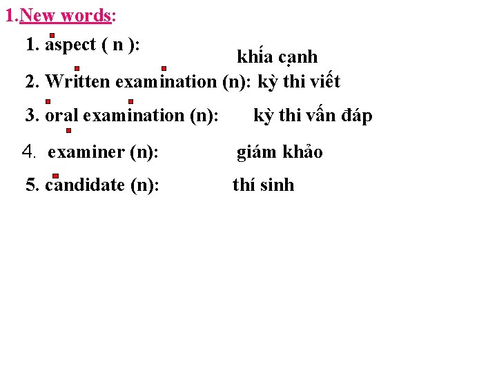 1. New words: 1. aspect ( n ): khi a ca nh 2. Written