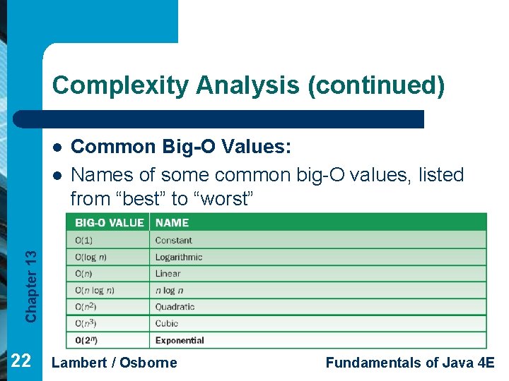 Complexity Analysis (continued) l Chapter 13 l Common Big-O Values: Names of some common