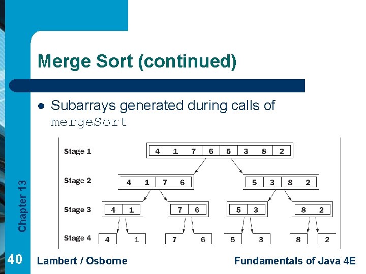 Merge Sort (continued) Subarrays generated during calls of merge. Sort Chapter 13 l 40