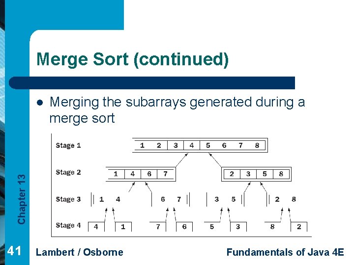 Merge Sort (continued) Merging the subarrays generated during a merge sort Chapter 13 l