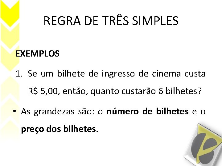 REGRA DE TRÊS SIMPLES EXEMPLOS 1. Se um bilhete de ingresso de cinema custa
