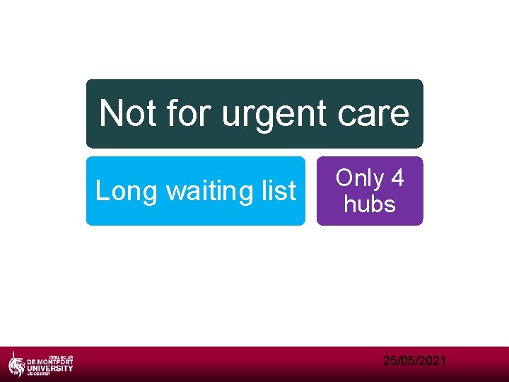 Not for urgent care Long waiting list Only 4 hubs Appointments to be made