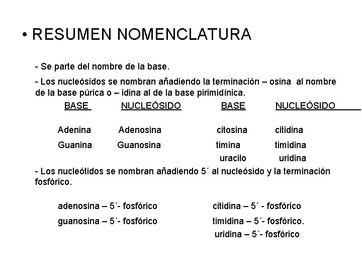  • RESUMEN NOMENCLATURA - Se parte del nombre de la base. - Los