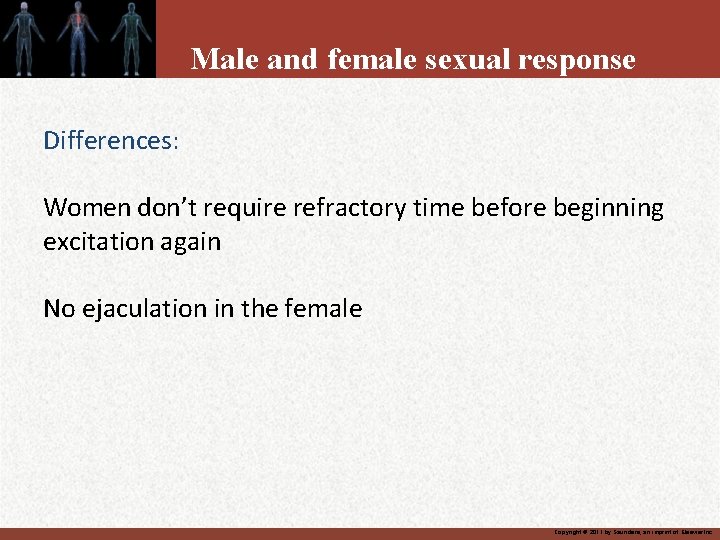 Male and female sexual response Differences: Women don’t require refractory time before beginning excitation