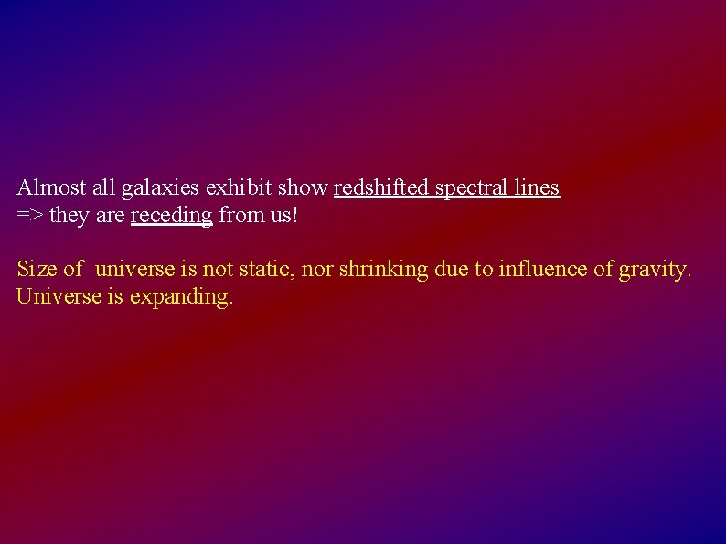 Almost all galaxies exhibit show redshifted spectral lines => they are receding from us!