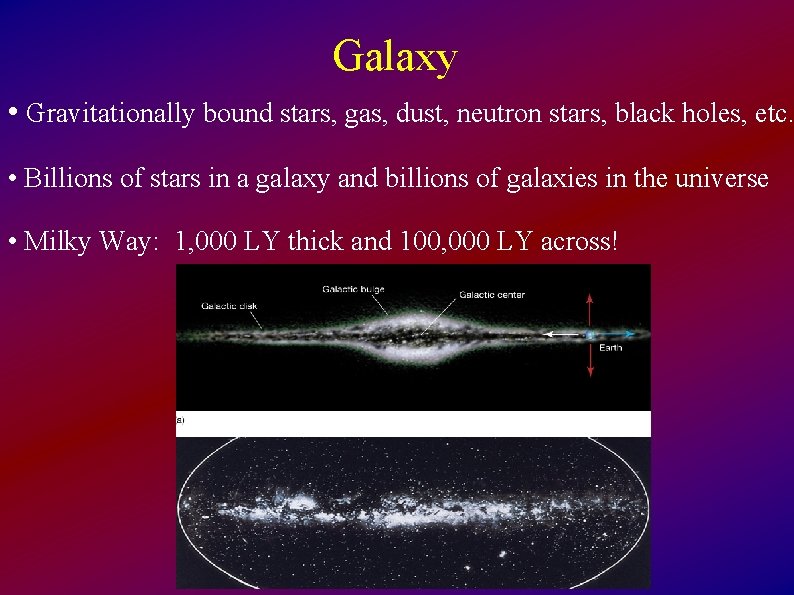 Galaxy • Gravitationally bound stars, gas, dust, neutron stars, black holes, etc. • Billions