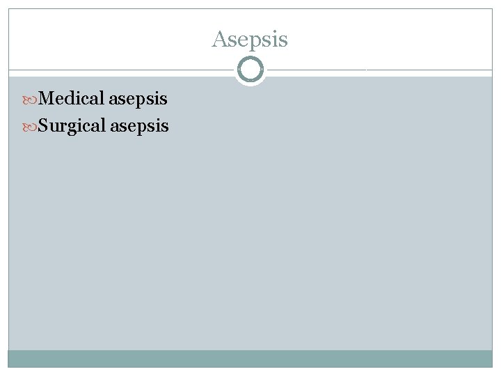 Asepsis Medical asepsis Surgical asepsis 