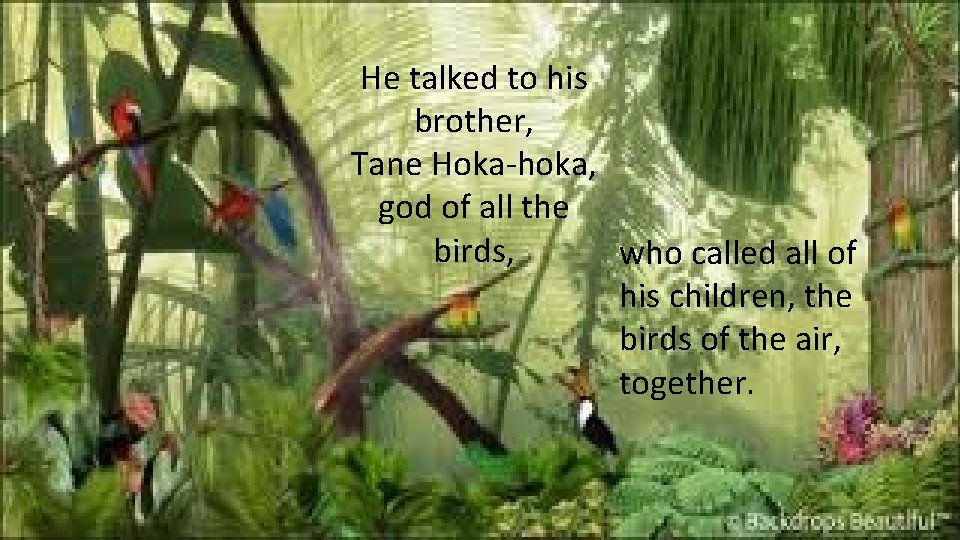 He talked to his brother, Tane Hoka-hoka, god of all the birds, who called He talked to his brother, Tane Hoka-hoka, god of all the birds, who called