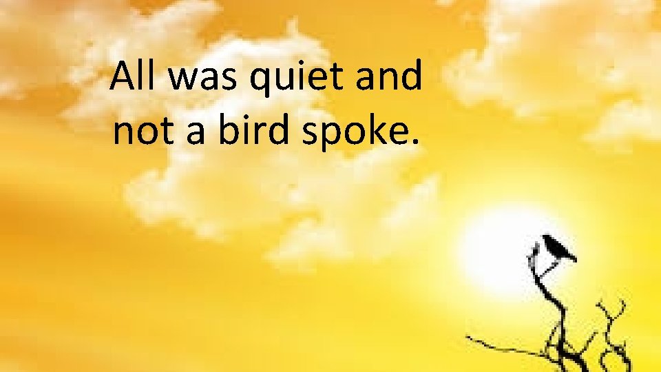 All was quiet and not a bird spoke. All was quiet and not a bird spoke.