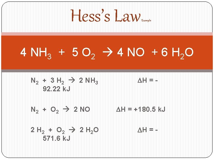 Hess’s Law Example 4 NH 3 + 5 O 2 4 NO + 6