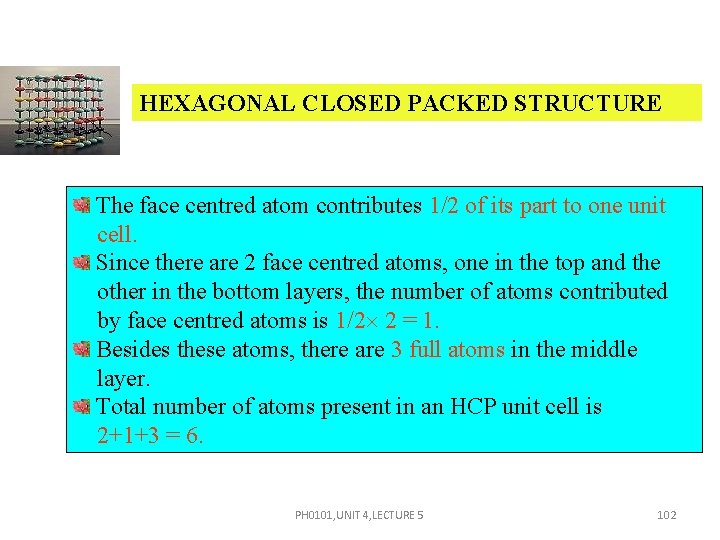HEXAGONAL CLOSED PACKED STRUCTURE The face centred atom contributes 1/2 of its part to