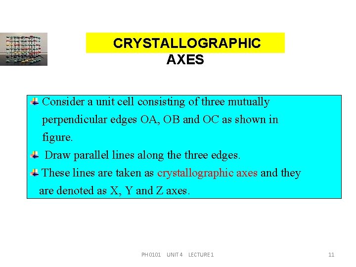 CRYSTALLOGRAPHIC AXES Consider a unit cell consisting of three mutually perpendicular edges OA, OB