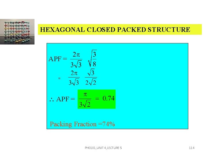 HEXAGONAL CLOSED PACKED STRUCTURE APF = = APF = Packing Fraction =74% PH 0101,