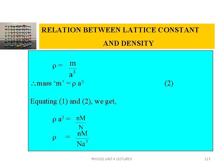 RELATION BETWEEN LATTICE CONSTANT AND DENSITY ρ= mass ‘m’ = ρ a 3 (2)