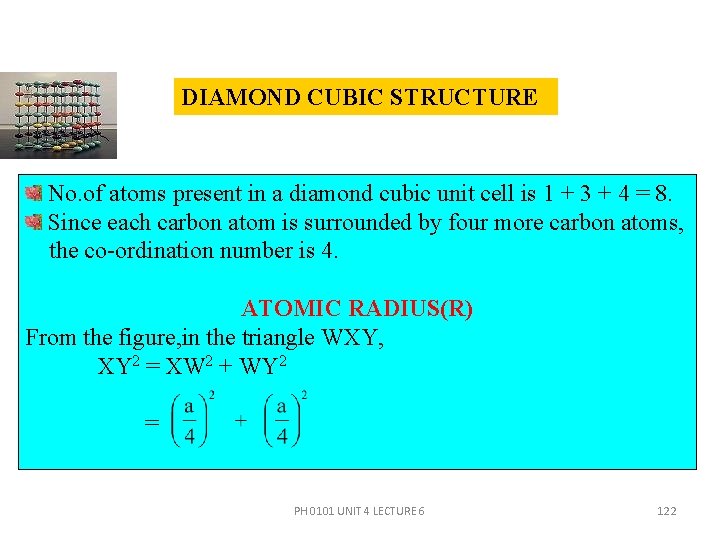 DIAMOND CUBIC STRUCTURE No. of atoms present in a diamond cubic unit cell is