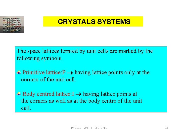 CRYSTALS SYSTEMS The space lattices formed by unit cells are marked by the following