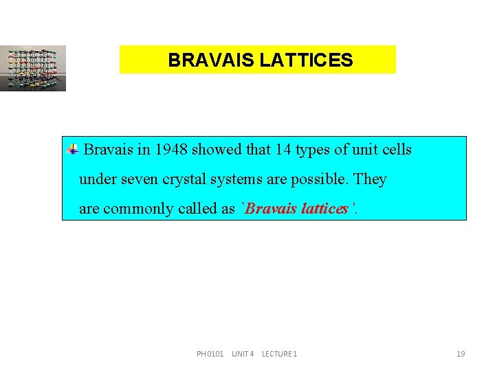 BRAVAIS LATTICES Bravais in 1948 showed that 14 types of unit cells under seven