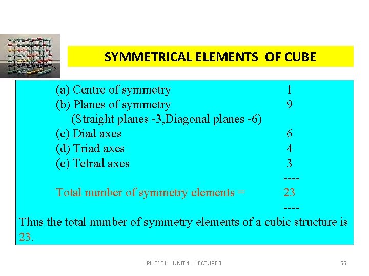 SYMMETRICAL ELEMENTS OF CUBE (a) Centre of symmetry (b) Planes of symmetry (Straight planes