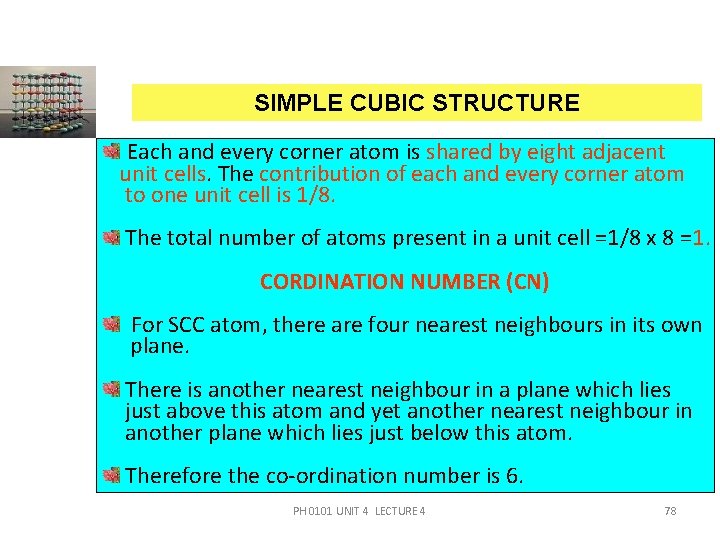 SIMPLE CUBIC STRUCTURE Each and every corner atom is shared by eight adjacent unit