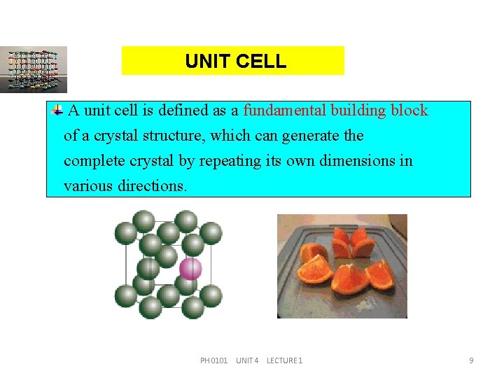 UNIT CELL A unit cell is defined as a fundamental building block of a