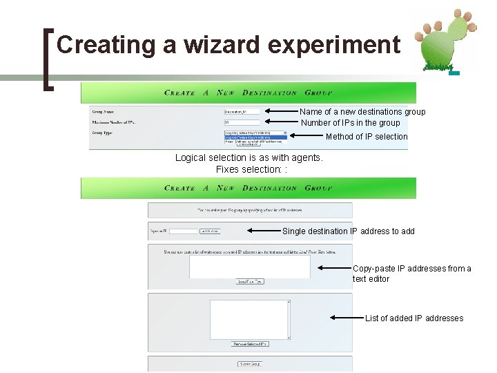 Creating a wizard experiment Name of a new destinations group Number of IPs in