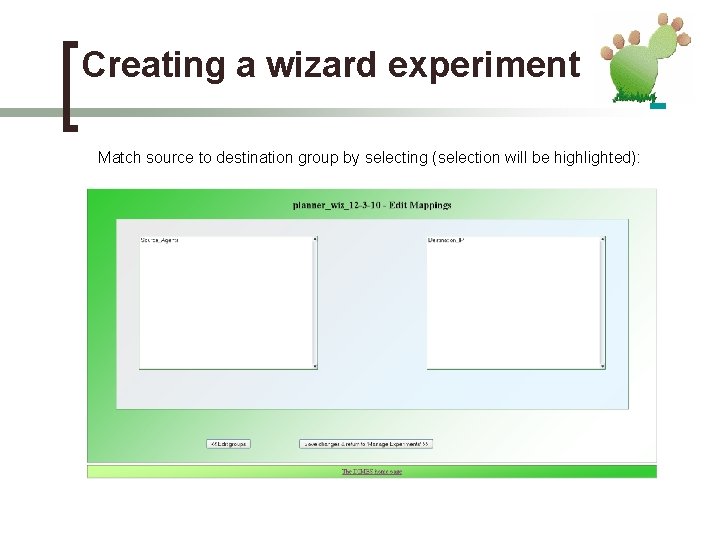 Creating a wizard experiment Match source to destination group by selecting (selection will be