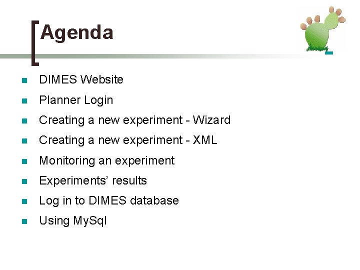 Agenda n DIMES Website n Planner Login n Creating a new experiment - Wizard