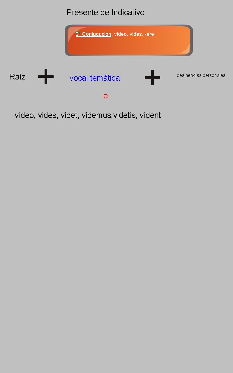Presente de Indicativo 2ª Conjugación: video, vides, -ere Raíz vocal temática e video, vides,