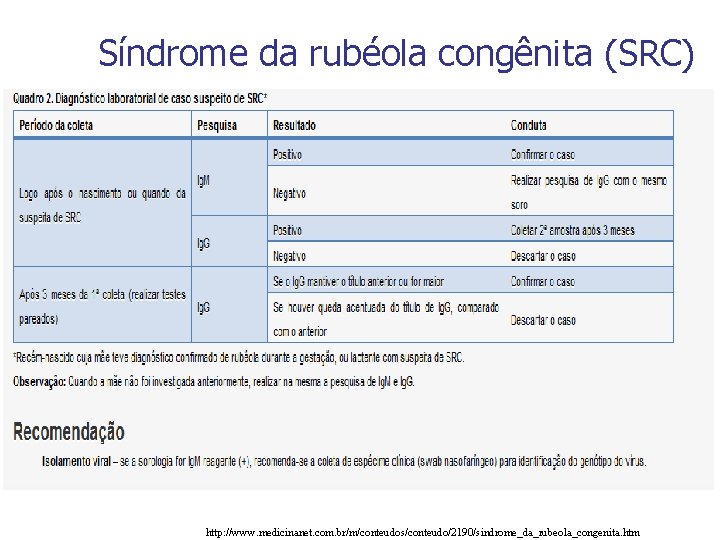 Síndrome da rubéola congênita (SRC) http: //www. medicinanet. com. br/m/conteudos/conteudo/2190/sindrome_da_rubeola_congenita. htm 