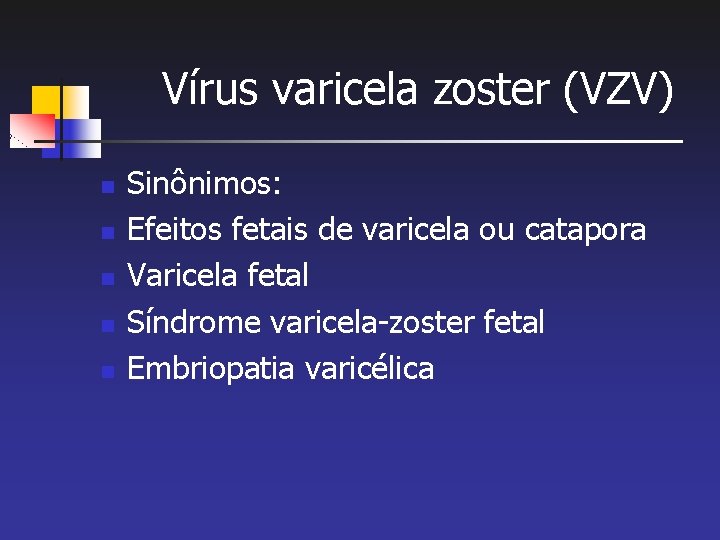 Vírus varicela zoster (VZV) n n n Sinônimos: Efeitos fetais de varicela ou catapora