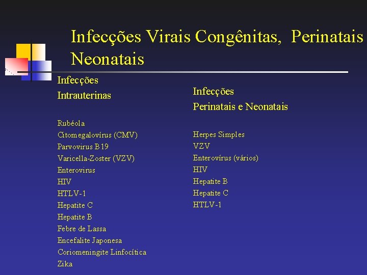 Infecções Virais Congênitas, Perinatais Neonatais Infecções Intrauterinas Rubéola Citomegalovírus (CMV) Parvovirus B 19 Varicella-Zoster