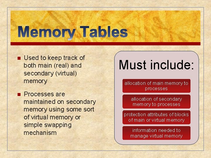 n n Used to keep track of both main (real) and secondary (virtual) memory
