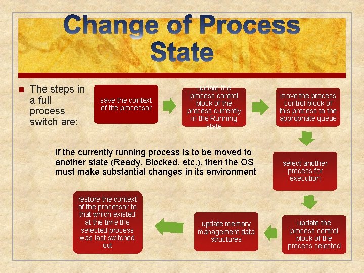 n The steps in a full process switch are: save the context of the