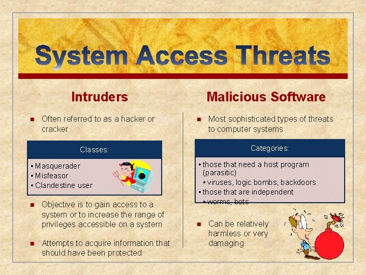 Intruders n Often referred to as a hacker or cracker Malicious Software n Categories: