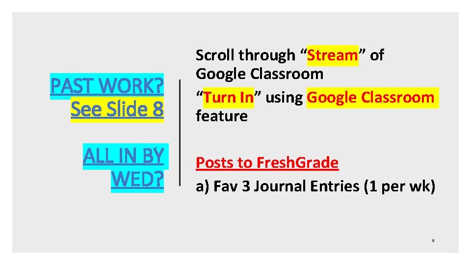 PAST WORK? See Slide 8 Scroll through “Stream” of Google Classroom “Turn In” using