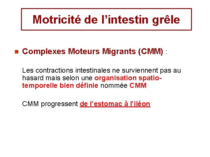 Motricité de l’intestin grêle n Complexes Moteurs Migrants (CMM) : Les contractions intestinales ne