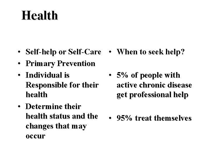 Health • • • Self-help or Self-Care Primary Prevention Individual is Responsible for their