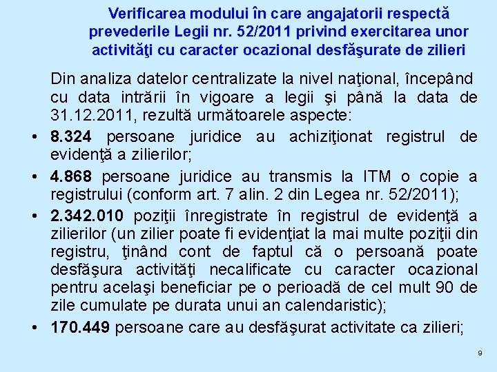 Verificarea modului în care angajatorii respectă prevederile Legii nr. 52/2011 privind exercitarea unor activităţi