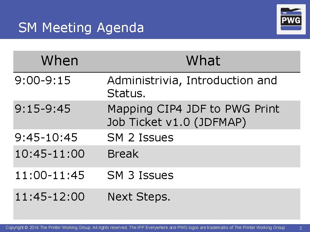 SM Meeting Agenda When 9: 00 -9: 15 What 9: 45 -10: 45 -11: